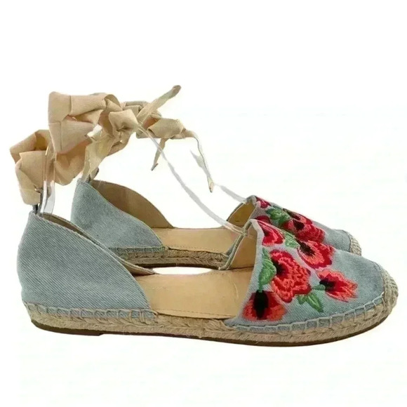 Jessica Simpson Flippo flats size 8.5 38.5 denim floral embroidered espadrilles - Picture 1 of 13